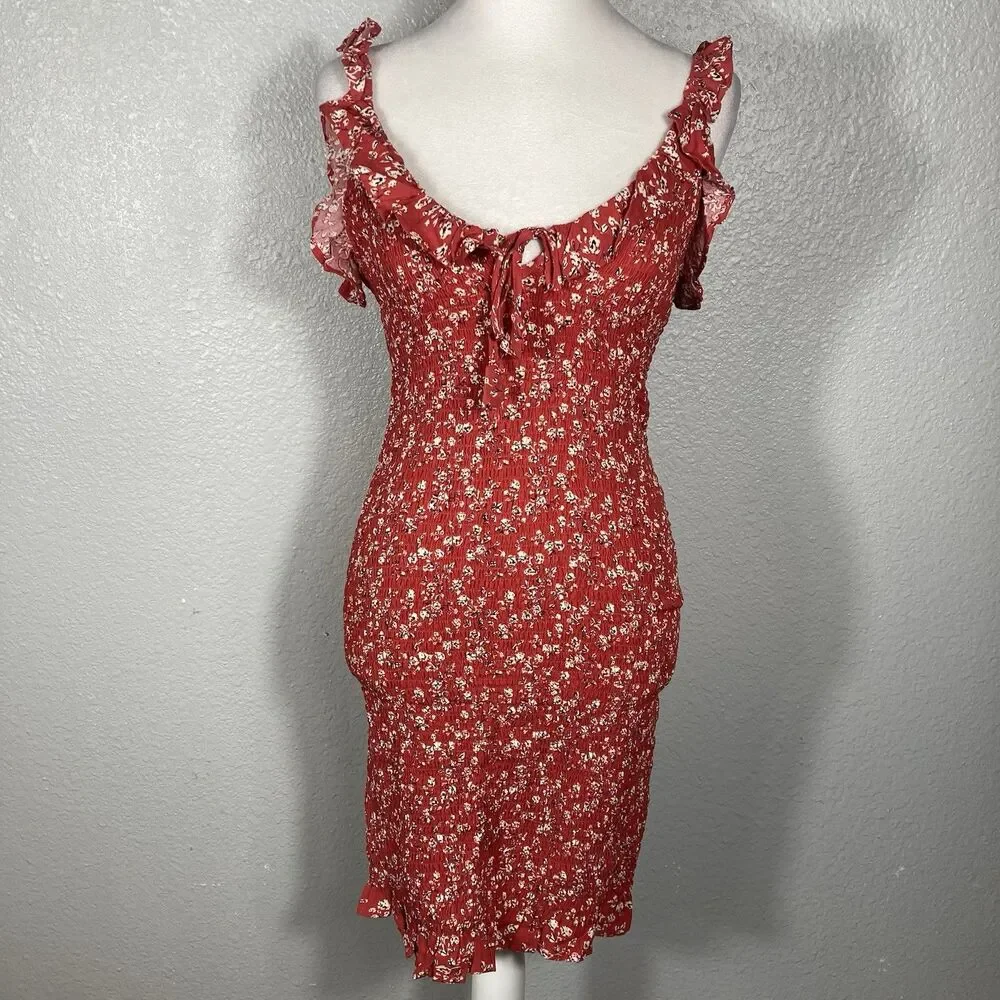 Y2K Smocked Mini Sun Dress XS Ruffle Strap Bodycon Red Cottage Boho Country